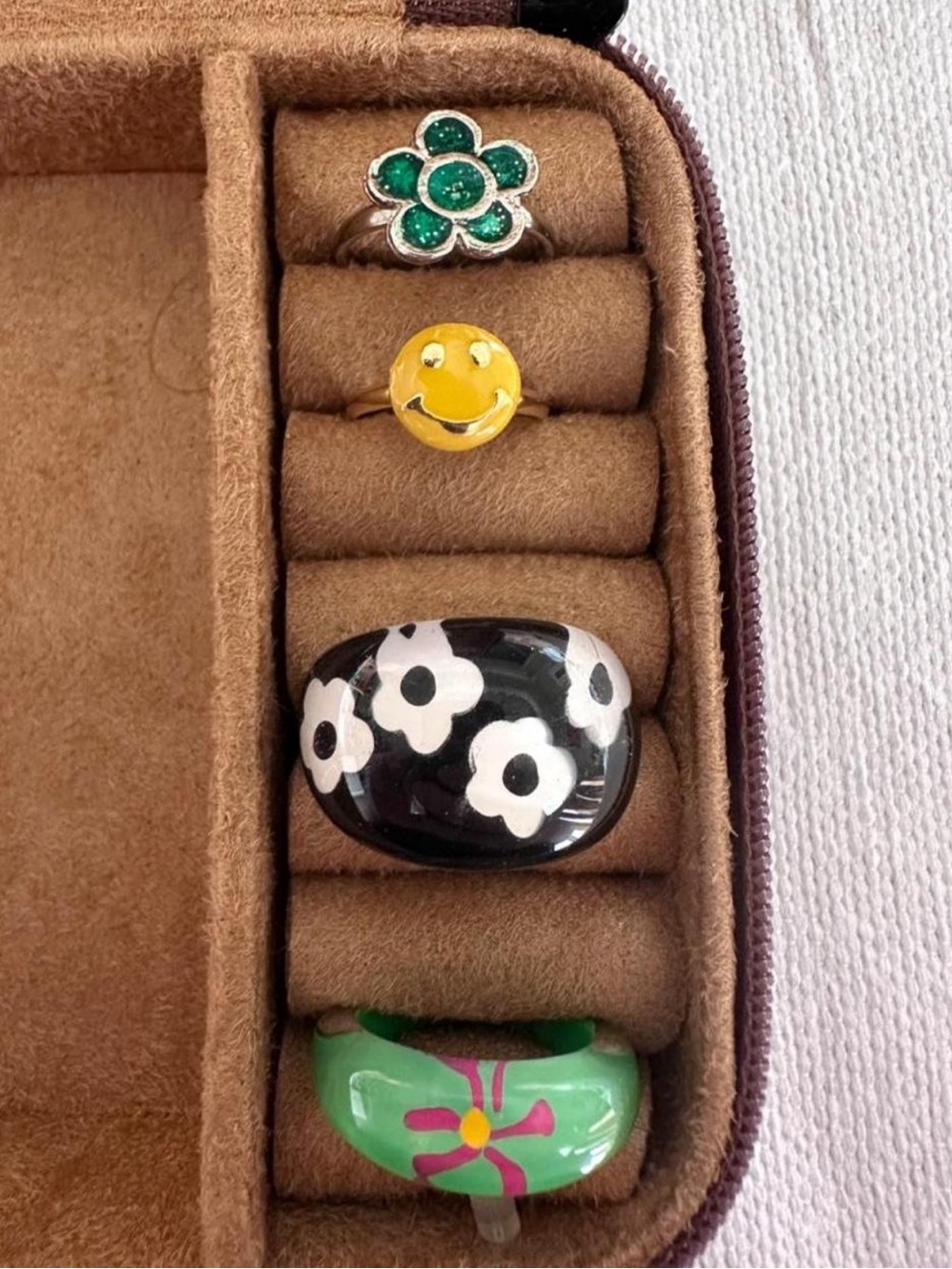 Colorful Lucite Rings Smiley and Flower Ring Set - Green, Black, Yellow